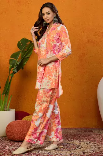 women orange rayon blend floral printed straight co-ords sets