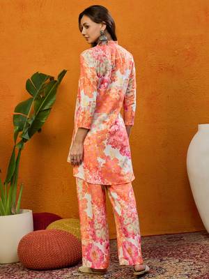 women orange rayon blend floral printed straight co-ords sets 4