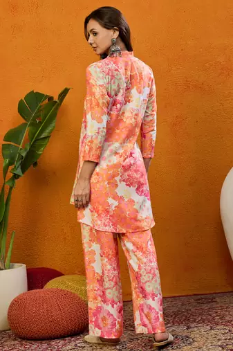 women orange rayon blend floral printed straight co-ords sets