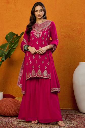 women pink georgette solid embroidered straight kurta sharara with dupatta