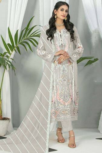 Dusty grey color embroideried faux georgette semi stitched salwar suit