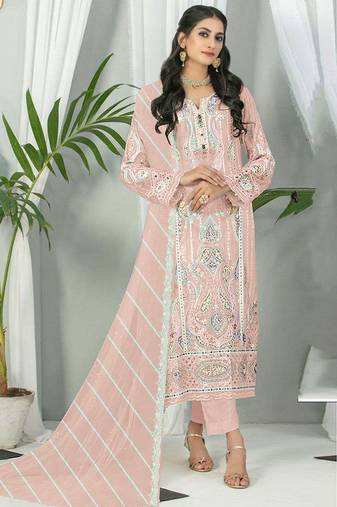 Peach color embroideried faux georgette semi stitched salwar suit