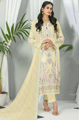 Yellow color embroideried faux georgette semi stitched salwar suit