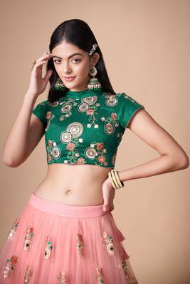 Peach Thread Zari Dori And Sequins Embroidered With Mirror Work Soft Net Lehenga Choli 6