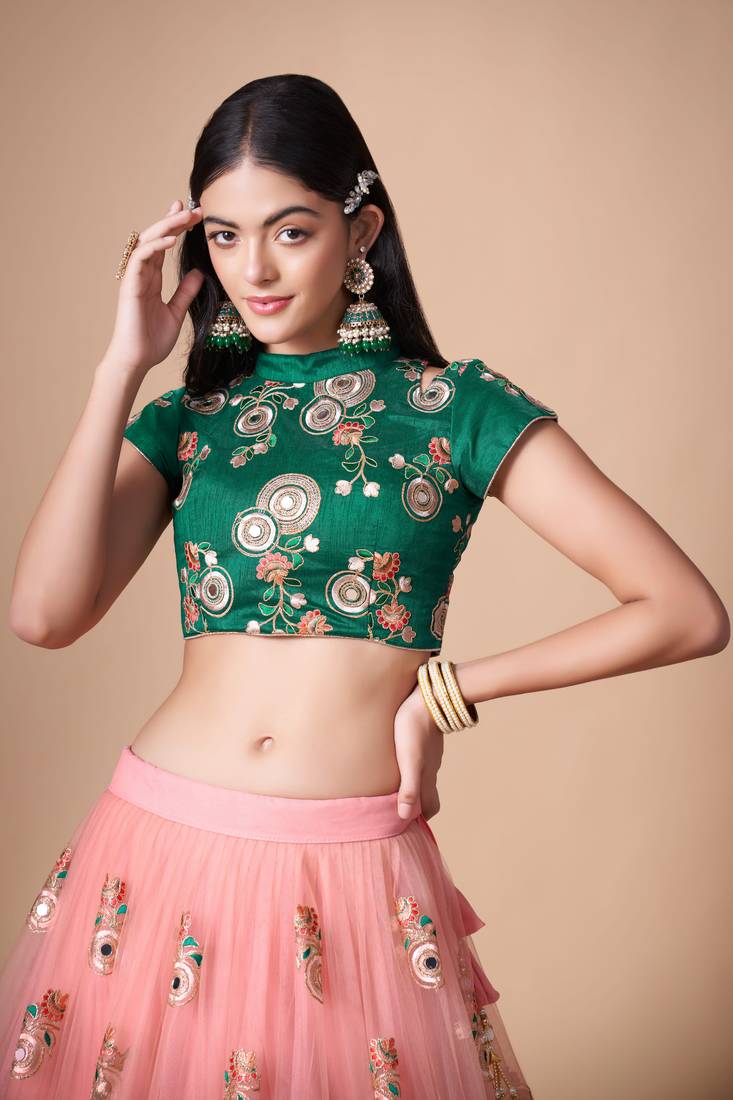 Peach Thread Zari Dori And Sequins Embroidered With Mirror Work Soft Net Lehenga Choli