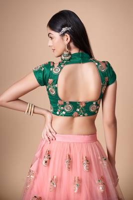 Peach Thread Zari Dori And Sequins Embroidered With Mirror Work Soft Net Lehenga Choli 7
