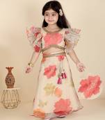KIDS FARM Girls Red Frill Sleeves Silk Floral Printed & Lace Embellished Coordinating Lehenga Choli Set
