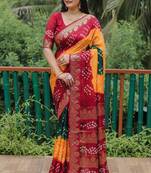 KORAM MULTICOLOR COMFORTABLE BANDHEJ SILK DRAPES THAT IS SUPER STYLISH AND PRETTY BANDHANI SAREE