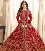 Red Embroidered Banglori Silk  Anarkali Lehenga Suit Free size full stitched Up To 42" Size