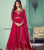 Pink Embroidered Georgette Semi Stitched Anarkali Suit Up To 42" Size