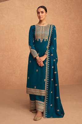 Teal Blue Embroidered Art Silk Semi Stitched Straight Suit Up To 42" Size 1