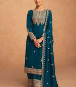Teal Blue Embroidered Art Silk Semi Stitched Straight Suit Up To 42" Size