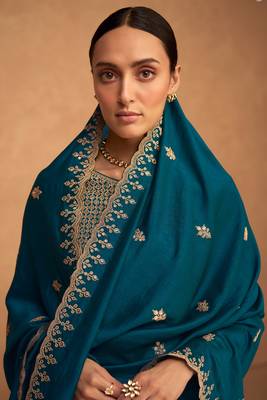 Teal Blue Embroidered Art Silk Semi Stitched Straight Suit Up To 42" Size 2