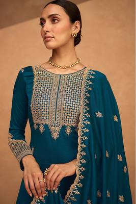 Teal Blue Embroidered Art Silk Semi Stitched Straight Suit Up To 42" Size 3
