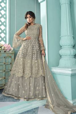 Grey Embroidered Net Free Size Stitched Anarkali Lehenga Suit (Size Upto 42) 1