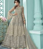 Grey Embroidered Net Free Size Stitched Anarkali Lehenga Suit (Size Upto 42)