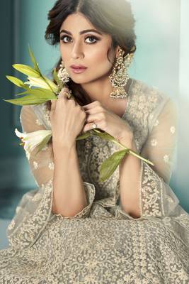 Grey Embroidered Net Free Size Stitched Anarkali Lehenga Suit (Size Upto 42) 2