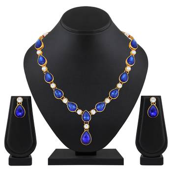 Stefan gold plated kundan & crystal traditional necklace set for women (cj4001blu) 2