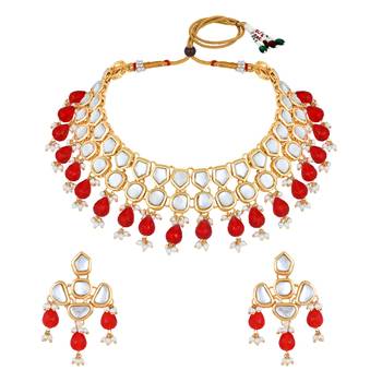 Stefan light gold plated red kundan traditional choker necklace set for women (cj4002red) 1