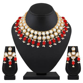 Stefan light gold plated red kundan traditional choker necklace set for women (cj4002red) 2