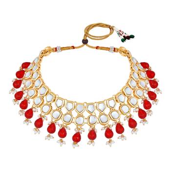 Stefan light gold plated red kundan traditional choker necklace set for women (cj4002red) 3