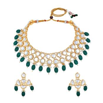 Stefan light gold plated green kundan traditional choker necklace set for women (cj4002grn) 1