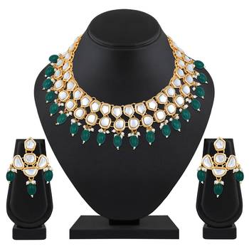 Stefan light gold plated green kundan traditional choker necklace set for women (cj4002grn) 2
