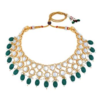 Stefan light gold plated green kundan traditional choker necklace set for women (cj4002grn) 3