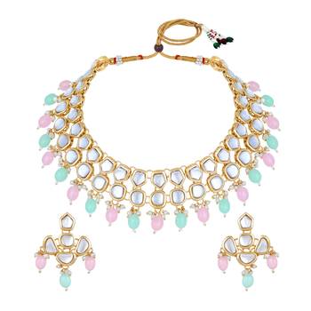 Stefan light gold plated multicolor kundan traditional choker necklace set for women (cj4002pb) 1