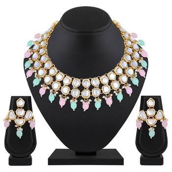 Stefan light gold plated multicolor kundan traditional choker necklace set for women (cj4002pb) 2