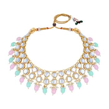 Stefan light gold plated multicolor kundan traditional choker necklace set for women (cj4002pb) 3
