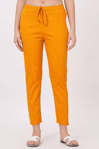 Satrangi women's viscose ribbed lycra mustard solid slim fit pant