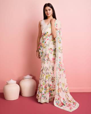 White Floral Print Embroidery Work saree 1