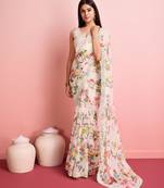White Floral Print Embroidery Work saree