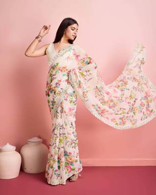 White Floral Print Embroidery Work saree 2