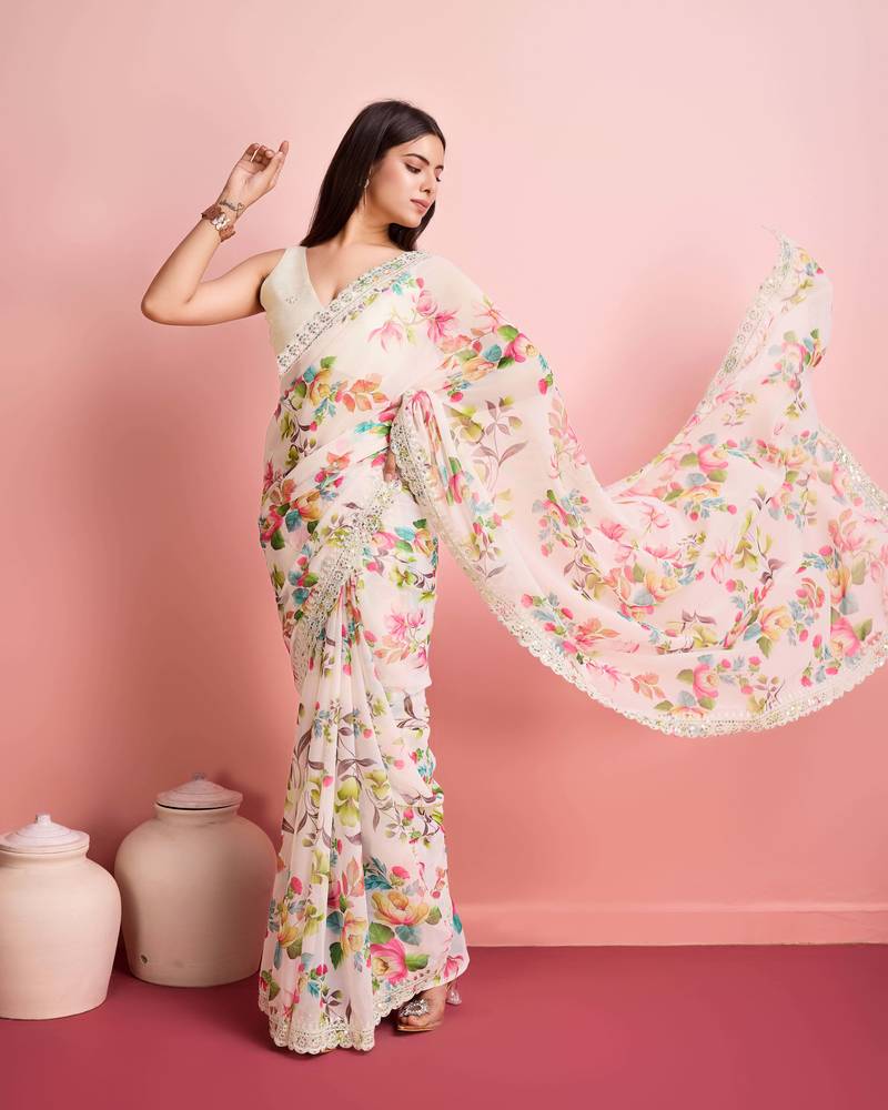White Floral Print Embroidery Work saree