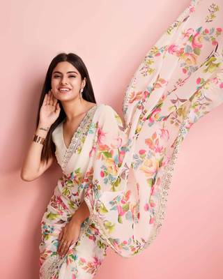 White Floral Print Embroidery Work saree 3