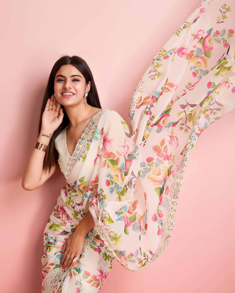 White Floral Print Embroidery Work saree