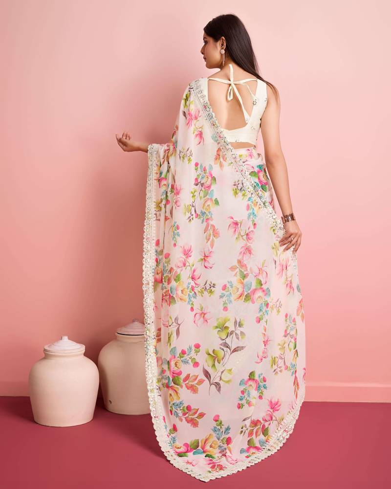 White Floral Print Embroidery Work saree