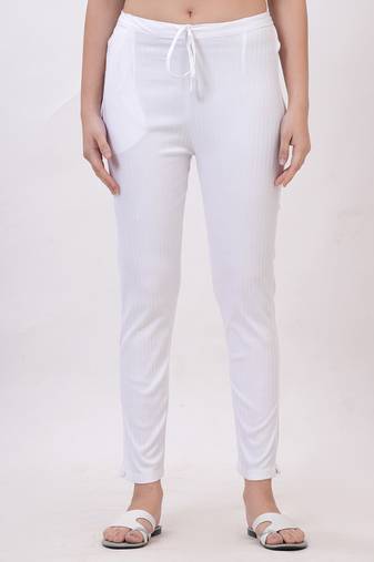 Satrangi women's viscose ribbed lycra white solid slim fit pant