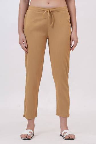 Satrangi women's viscose lycra camelbeige solid slim fit pant