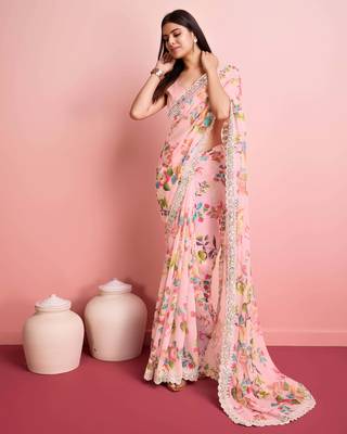 Peach Clr Floral Print Saree With Blouse Peice 1