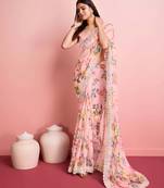 Peach Clr Floral Print Saree With Blouse Peice