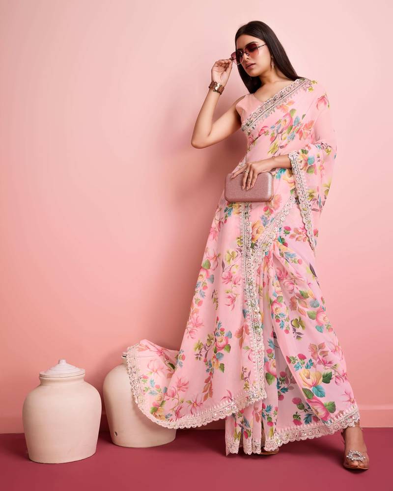 Peach Clr Floral Print Saree With Blouse Peice