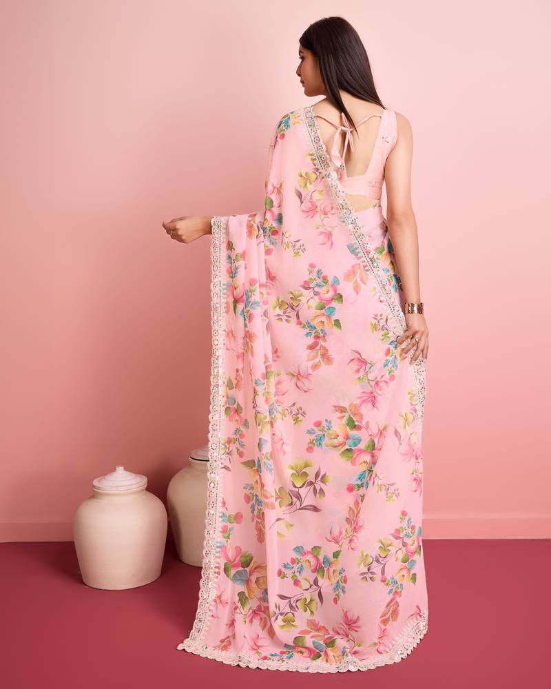 Peach Clr Floral Print Saree With Blouse Peice