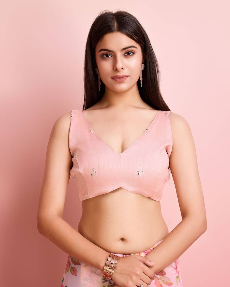 Peach Clr Floral Print Saree With Blouse Peice