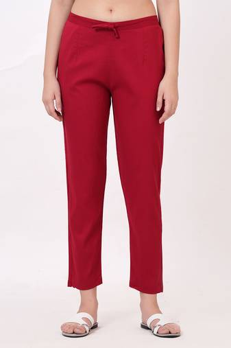 Satrangi women's viscose lycra maroon solid slim fit pant