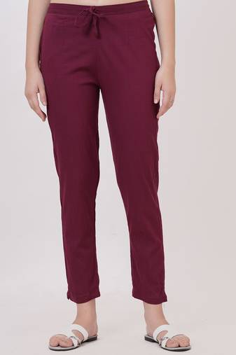 Satrangi women's viscose lycra wine solid slim fit pant