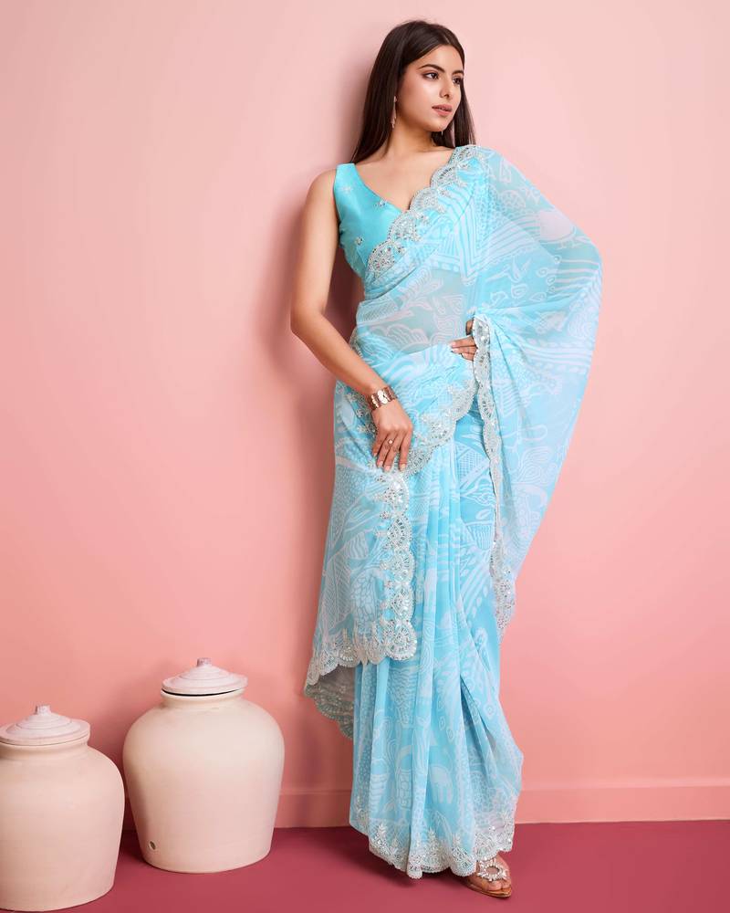Sky Blue Printed Saree