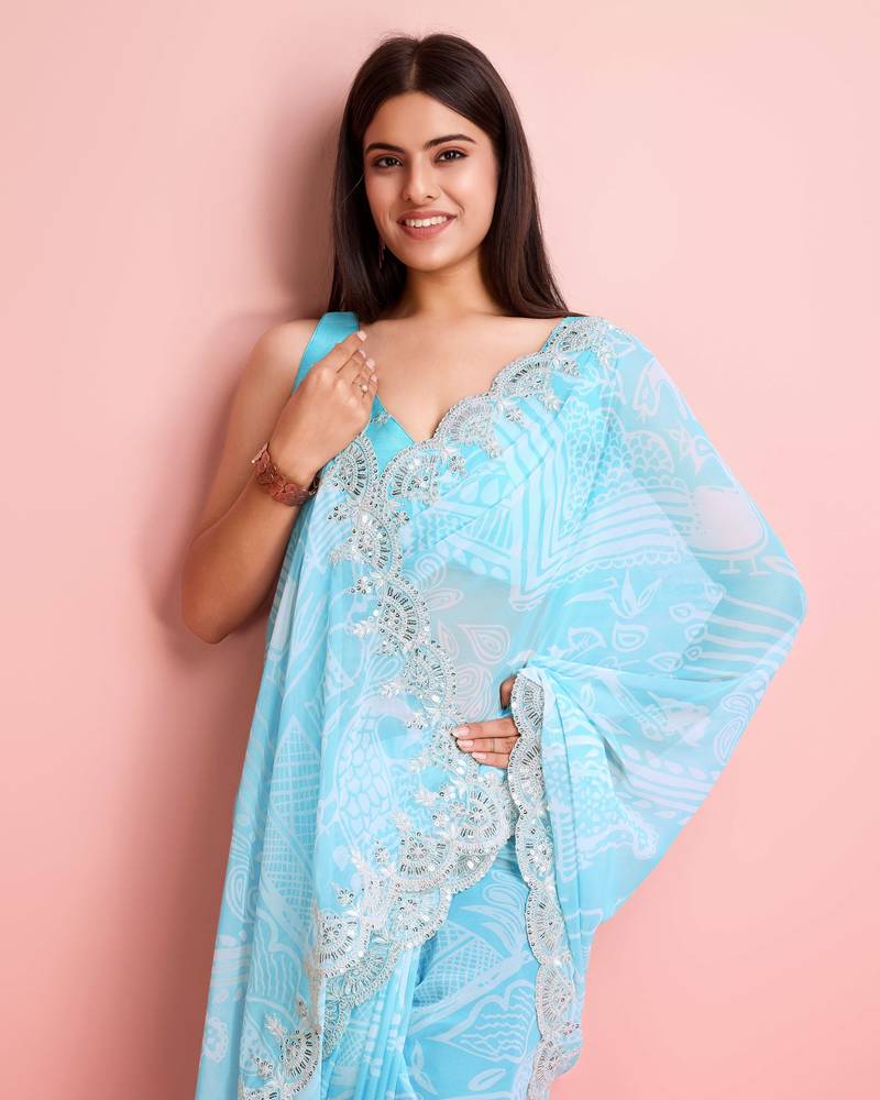 Sky Blue Printed Saree